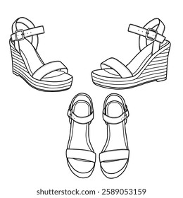 Technical sketch drawing of wedges ankle strap open-toe sandals line art. Top and side view. Flat sketch vector outline vector doodle illustration. Isolated on a white background