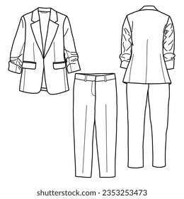 Technical sketch drawing of women blazer and trousers vector template, front and back view, isolated on white background, suitable for your blazer and trouser editable color and stroke.