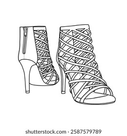 Technical sketch drawing of women's ankle strap open toe stiletto heel sandals pumps shoe line art, hand drawing outline vector doodle illustration. Back and front view. Isolated on a white background