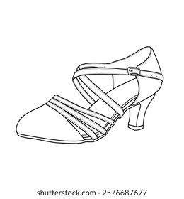 Technical sketch drawing of women's ballroom dance shoes, salsa and latin dance with buckle and adjustable straps, isolated on a white background