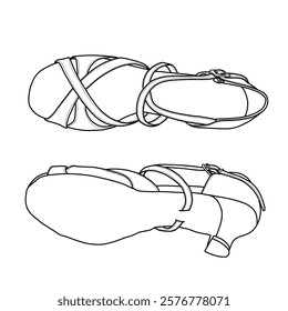 Technical sketch drawing of women's ballroom salsa dance with buckle. Top and bottom view. Isolated on a white background