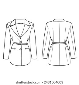 Technical sketch drawing of a women's blazer jacket with belt and pocket, front, and back view. Flat sketch vector. Isolated on a white background.