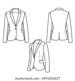 Dibujo técnico de una chaqueta blazer de mujer con bolsillo, vista frontal, lateral y posterior. Vector plano. Aislado sobre un fondo blanco.