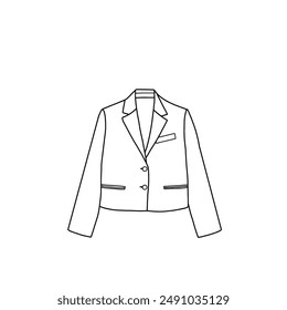 Technical sketch drawing of a women's blazer jacket with pocket. Flat sketch vector. Isolated on a white background.