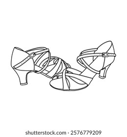 Technical sketch drawing of women's dance shoes with strap and buckle, wedding shoes, parties, indoor dance vector line art.