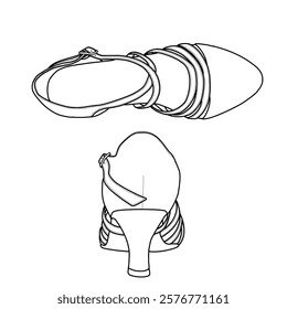 Technical sketch drawing of women's dancing shoes, salsa and latin dance, closed toe dancing with buckle. Top and back view. Isolated on a white background.