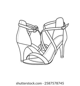 Technical sketch drawing of women's fashion stilettos open-toe sandals parties and wedding line art. Flat sketch vector. Isolated on a white background