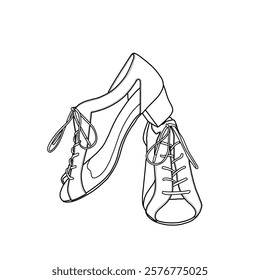 Technical sketch drawing of women's heel shoes with string open-toe. Front and side view. Isolated on a white background.