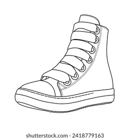 Technische Skizze für Damen High Top Canvas Sneakers Line Kunst, geeignet für Ihre individuellen Turnschuhe Schuhdesign, Vektordoodle-Illustration, 3D-Ansicht einzeln auf weißem Hintergrund
