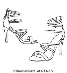 Technical sketch drawing of women's high heel pump ankle strap sandals with zipper. Flat sketch vector. Side view. Isolated on a white background