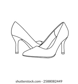 Technical sketch drawing of women's high stiletto pointed-toe line art. Side view. Flat sketch vector. Isolated on a white background