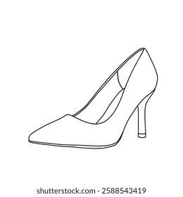 Technical sketch drawing of women's high stiletto heel pumps shoes, work shoes line art. Side view. Flat sketch vector. Isolated on a white background