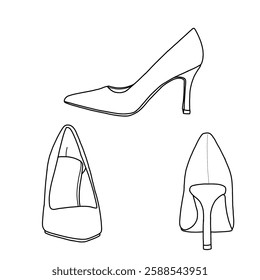 Technical sketch drawing of women's high stiletto pointed-toe pumps. Side, front, and back view. Flat sketch vector, outline vector doodle illustration. Isolated on a white background
