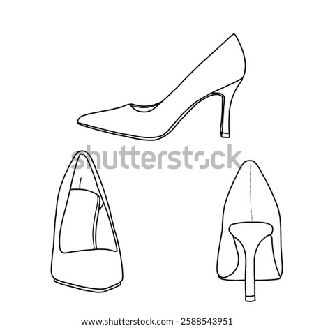 Technical sketch drawing of women's high stiletto pointed-toe pumps. Side, front, and back view. Flat sketch vector, outline vector doodle illustration. Isolated on a white background