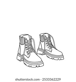 Desenho de esboço técnico da arte da linha de bota de combate de laço das mulheres. Adequado para seus sapatos de mulher personalizados, ilustração de doodle vetor de contorno. Isolado em um fundo branco.