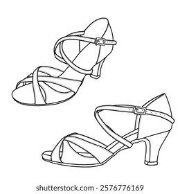 Technical sketch drawing of women's latin dance shoes with adjustable straps and buckle. Isolated on a white background.