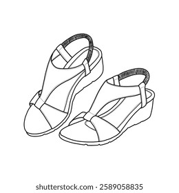 Technical sketch drawing of women's low wedges heels, platform sandals ankle strap open-toe shoes line art. Side view. Flat sketch vector outline vector doodle illustration.