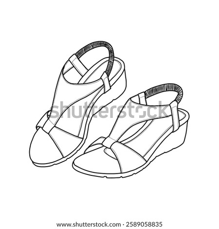 Technical sketch drawing of women's low wedges heels, platform sandals ankle strap open-toe shoes line art. Side view. Flat sketch vector outline vector doodle illustration.