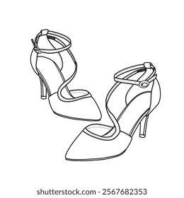 Technical sketch drawing of women's mid-heel ankle strap with buckle, bridal shoes, bridesmaids shoes, evening party shoes, and graduation shoes vector line art.