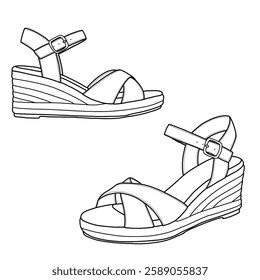 Technical sketch drawing of women's platform sandals, wedges sandals with adjustable buckle line art. Side view. Flat sketch vector outline vector doodle illustration.