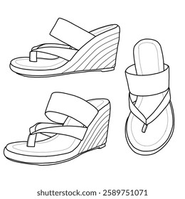 Technical sketch drawing of women's platform flip flops, wedges heel casual sandals slip on sandals line art. Side, front, and top view. Flat sketch vector outline doodle illustration.