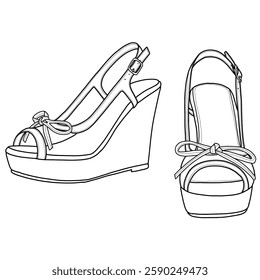 Technical sketch drawing of women's platform wedges heel sandals with buckles line art. Front and side view. Flat sketch vector outline doodle illustration. Isolated on a white background