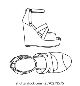 Technical sketch drawing of women's platform peep toe wedges sandals with zipper. Side and top view. Flat sketch vector outline doodle illustration. Isolated on a white background