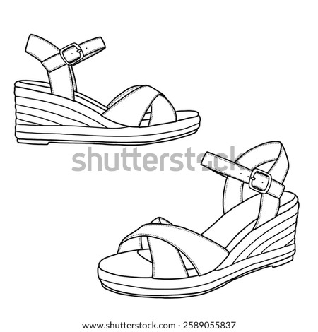 Technical sketch drawing of women's platform sandals, wedges sandals with adjustable buckle line art. Side view. Flat sketch vector outline vector doodle illustration.