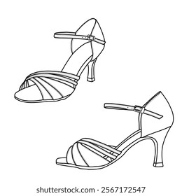 Technical sketch drawing of women's satin sandals heel, latin salsa dance shoes vector line art. Flat sketch, front, and side view, isolated on a white background