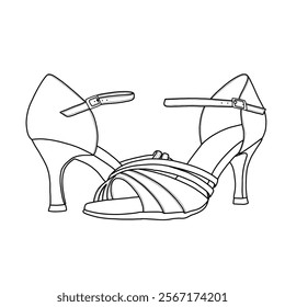 Technical sketch drawing of women's satin sandals heel, latin salsa performance shoes vector line art. Flat sketch, front, back, and side view. Isolated on a white background