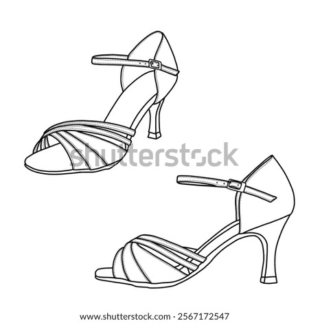 Technical sketch drawing of women's satin sandals heel, latin salsa dance shoes vector line art. Flat sketch, front, and side view, isolated on a white background