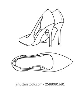 Technical sketch drawing of women's stiletto heels pump pointed-toe line art. Top and back view. Flat sketch vector, outline vector doodle illustration. Isolated on a white background