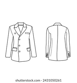 Technische Skizze Zeichnung eines Damenanzugs, formaler Anzug, langärmlige Blazer-Jacke. Flache technische Zeichnungsvorlage. Triple Button Mantel Vektor-Vorlage Illustration. Front- und Rückansicht