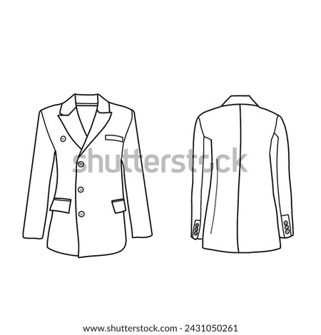 Technical sketch drawing of a women's suit, formal suit, long sleeve blazer jacket. Flat technical drawing template. Triple button coat jacket vector template illustration. front and back view