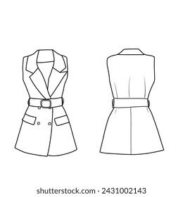 Technical sketch drawing of a women's vest with belt and pocket, front, and back view. Flat sketch vector.