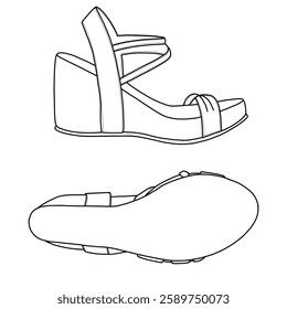 Technical sketch drawing of women's wedges sandals, ankle strap sandal open-toe line art. Side and bottom view. Flat sketch vector outline doodle illustration. Isolated on a white background