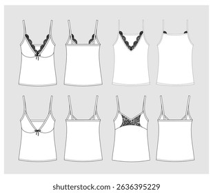 technical sketch of fashionable women's T-shirts of different cuts with and without guipure underwear front and back view mockup template