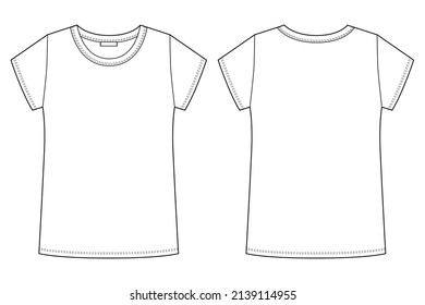 Technical sketch female t shirt. T-shirt outline design blank template. Short sleeve tee. Front and back. Casual style. CAD fashion vector illustration