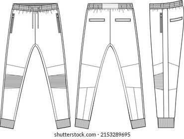 Technical sketch of fitness fashion technological sweat pants with zippers and decorative 