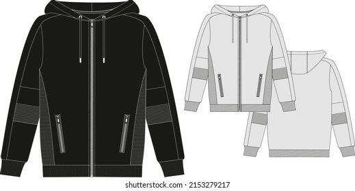 Technical sketch of fitness technological jacket with hood