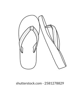 Technical sketch of flip flops for women with comfortable arch support vector line art, ladies fashion platform thong sandals soft sole for the beach. Top and side view.