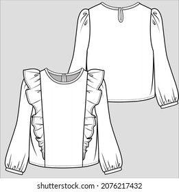 TECHNICAL SKETCH OF FRILL TOP FOR KID GIRLS AND TEEN GIRLS IN EDITABLE VECTOR FILE