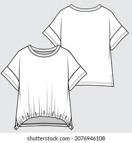 TECHNICAL SKETCH OF FRONT AND BACK KNIT TOP FOR WOMEN AND TEEN GIRLS IN EDITABLE VECTOR FILE