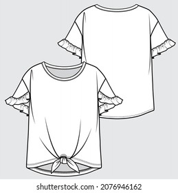 TECHNICAL SKETCH OF FRONT AND BACK KNIT TOP FOR WOMEN AND TEEN GIRLS IN EDITABLE VECTOR FILE