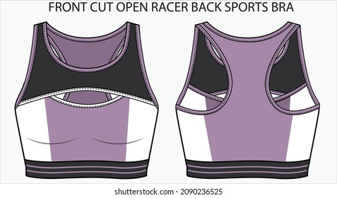 Technical Sketch of FRONT CUT OPEN RACER BACK SPORTS BRA in editable vector sketch