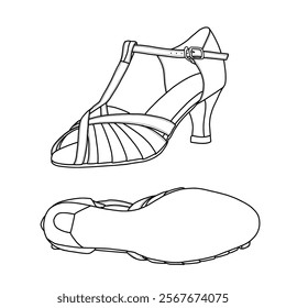 Technical sketch hand-drawing of women's Latin salsa dance ballroom dance shoe, tango dance shoe. Outline vector doodle illustration, front, side, and bottom view. Isolated on a white background.