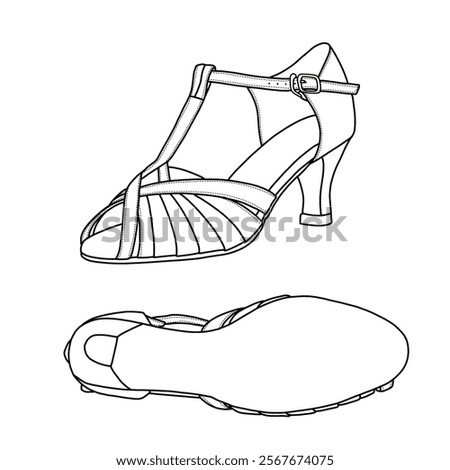 Technical sketch hand-drawing of women's Latin salsa dance ballroom dance shoe, tango dance shoe. Outline vector doodle illustration, front, side, and bottom view. Isolated on a white background.