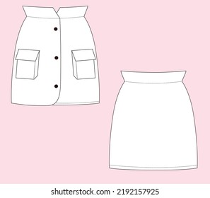 Technical Sketch of High Waist Pocket Mini Skirt Cargo . Fashion for women. Flat drawing, adobe illustrator, technical drawing, vector. Front and Back View