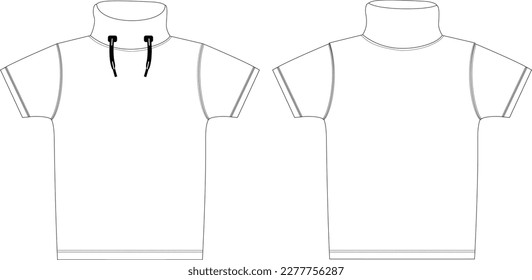 Technical Sketch Hi-Neck Basic Tee. Hi-Neck Basic Tee outline design blank template. Hi-Neck Basic Short Sleeve Tee. Front and Back template, Casual Style Fashion Vector Illustration