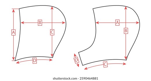 Technical sketch of a hood with size chart